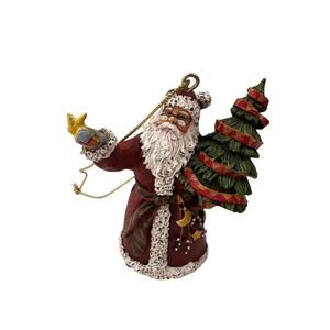 Vintage Santa Claus Hanging Figurine Ornament With Tree & Bird Christmas Rustic
